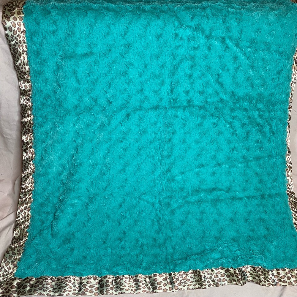 Fuzzy Tender Kisses Turquoise Cheetah Print Bordered Baby Blanket